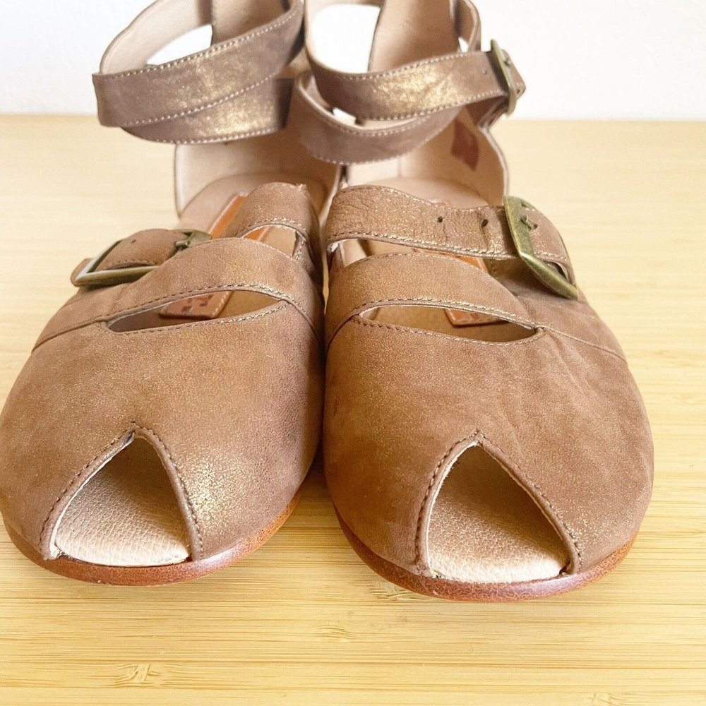 Jim Barnier Womens Size 9 Leather Sandals Peep Toe Ankle Wrap Brown Gold Shimmer - Picture 9 of 13
